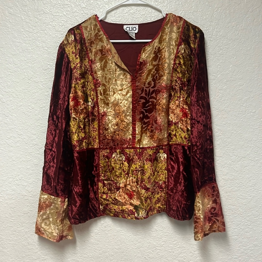 VINTAGE CLIO Crush Velvet Fall Hues Blouse Size Large